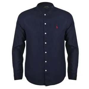 PRL Bishop Collar Button Down Men's Long Sleeve Shirt - Navy Blue