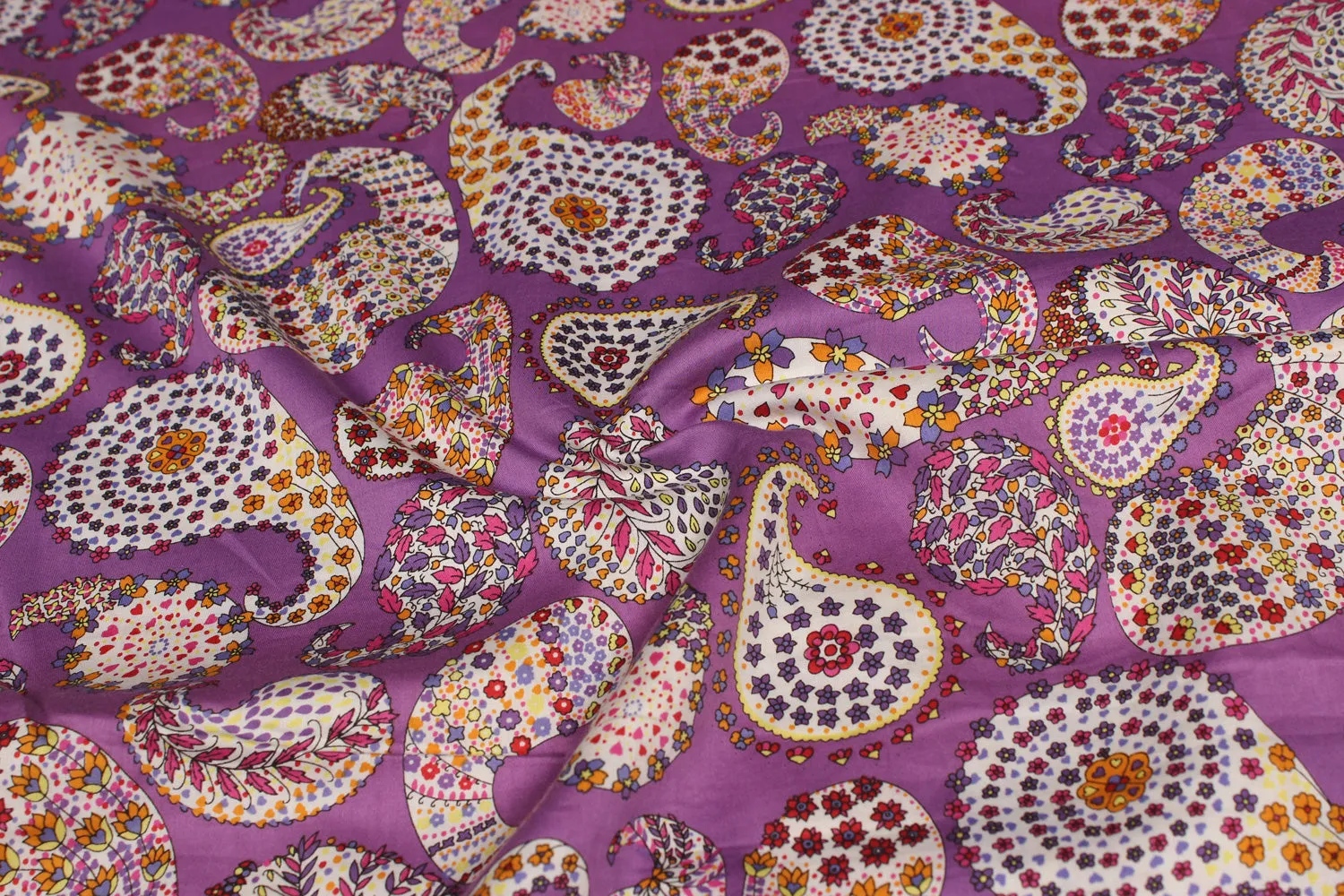 Purple Printed Cotton Satin Fabric