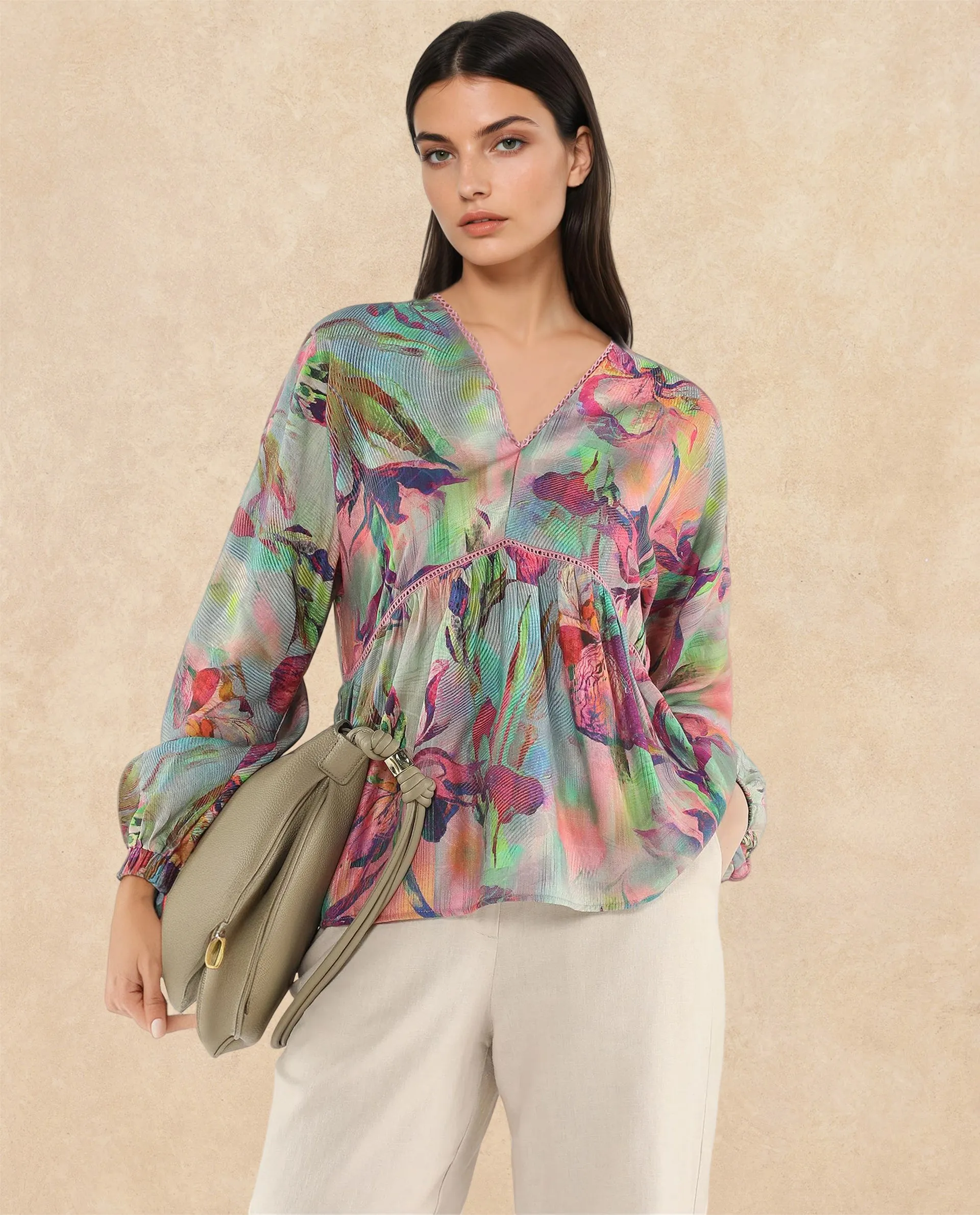 Rareism Women Ajax Multi Bishop Sleeves V-Neck Floral Print Top