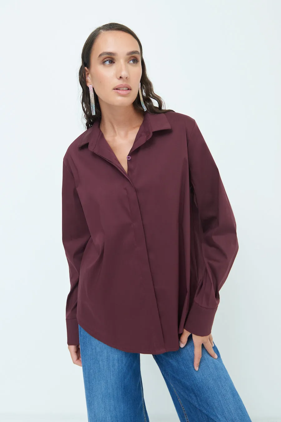 Relaxed fit long sleeve blouse with hidden button placket wholesale