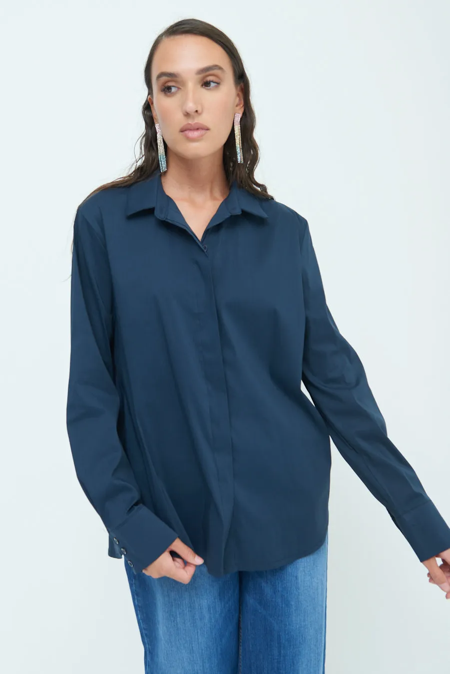 Relaxed fit long sleeve blouse with hidden button placket wholesale