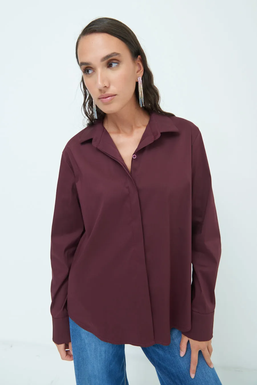Relaxed fit long sleeve blouse with hidden button placket wholesale