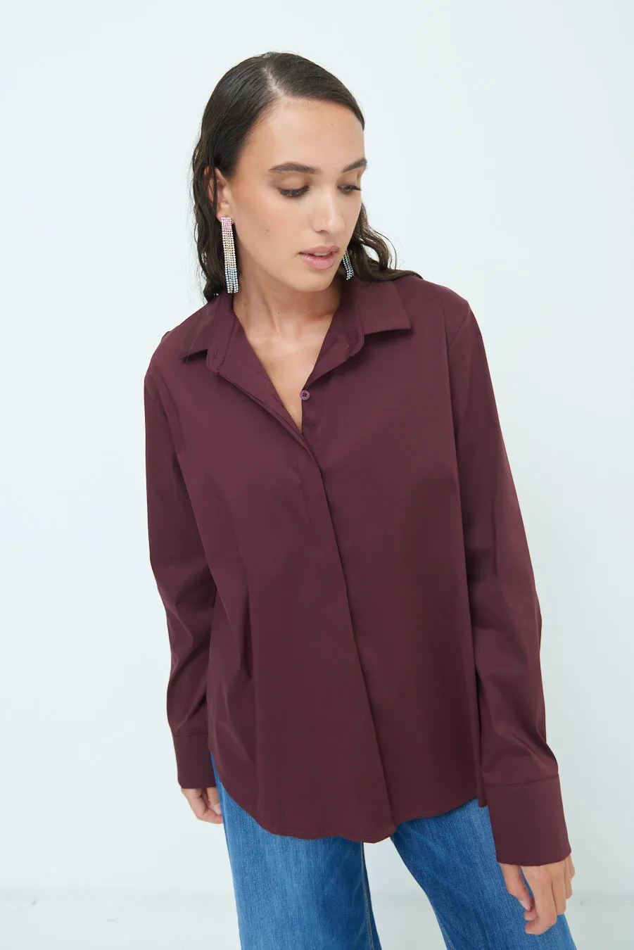 Relaxed fit long sleeve blouse with hidden button placket wholesale