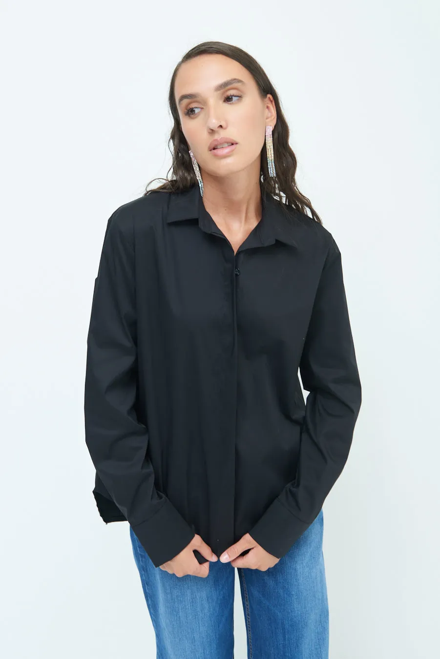 Relaxed fit long sleeve blouse with hidden button placket wholesale