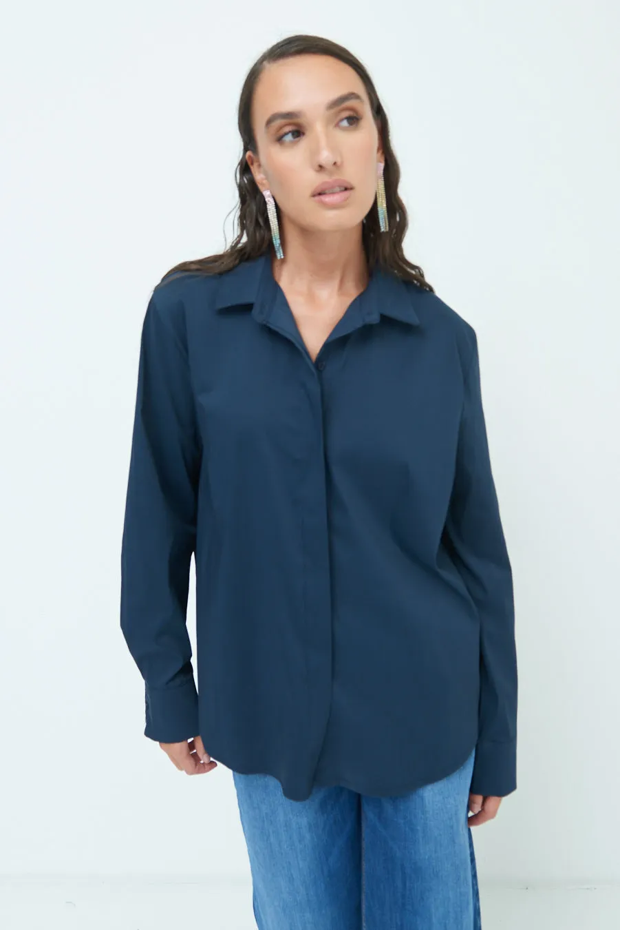Relaxed fit long sleeve blouse with hidden button placket wholesale