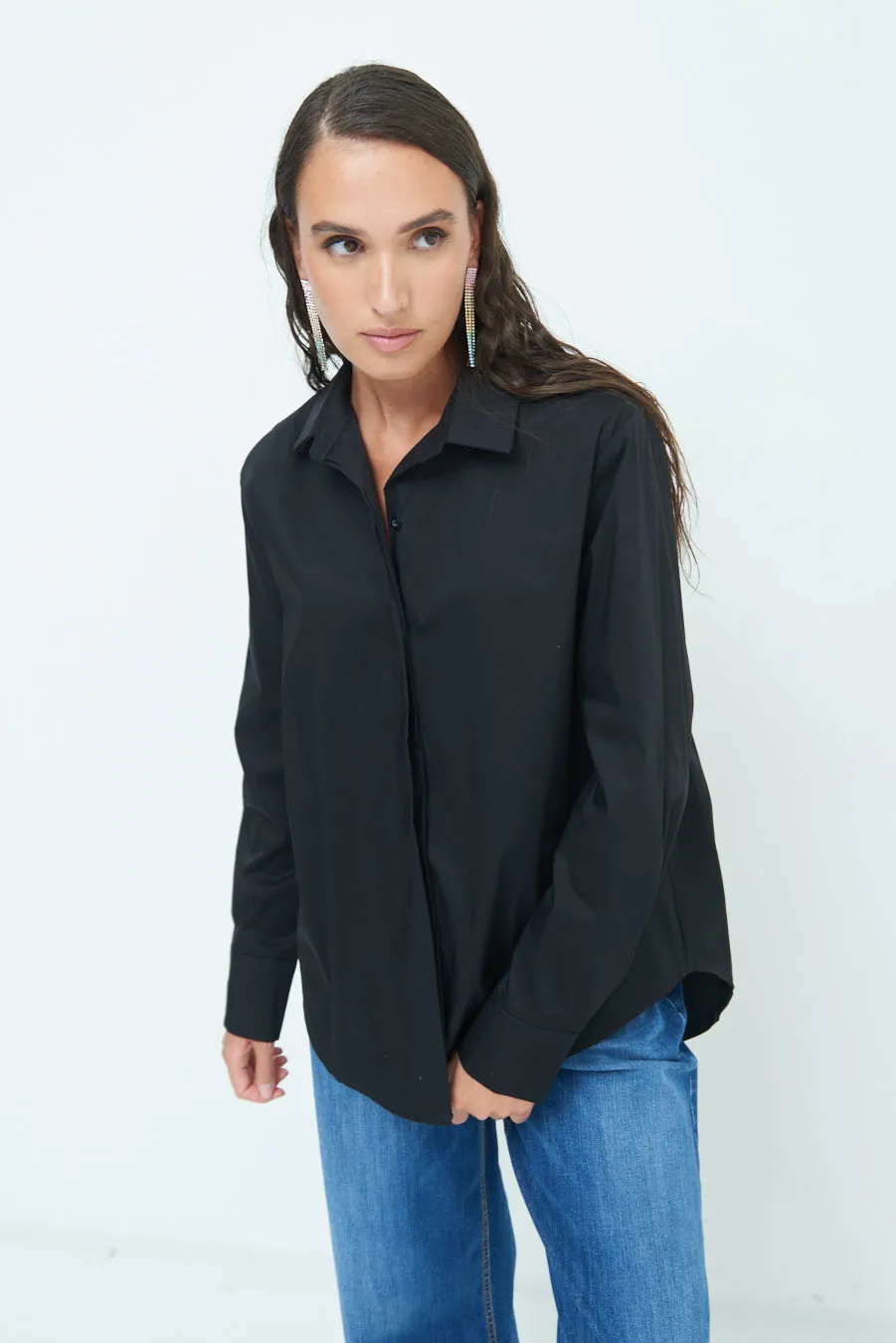 Relaxed fit long sleeve blouse with hidden button placket wholesale