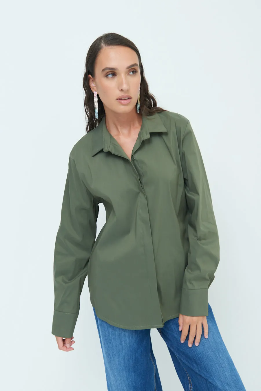 Relaxed fit long sleeve blouse with hidden button placket wholesale