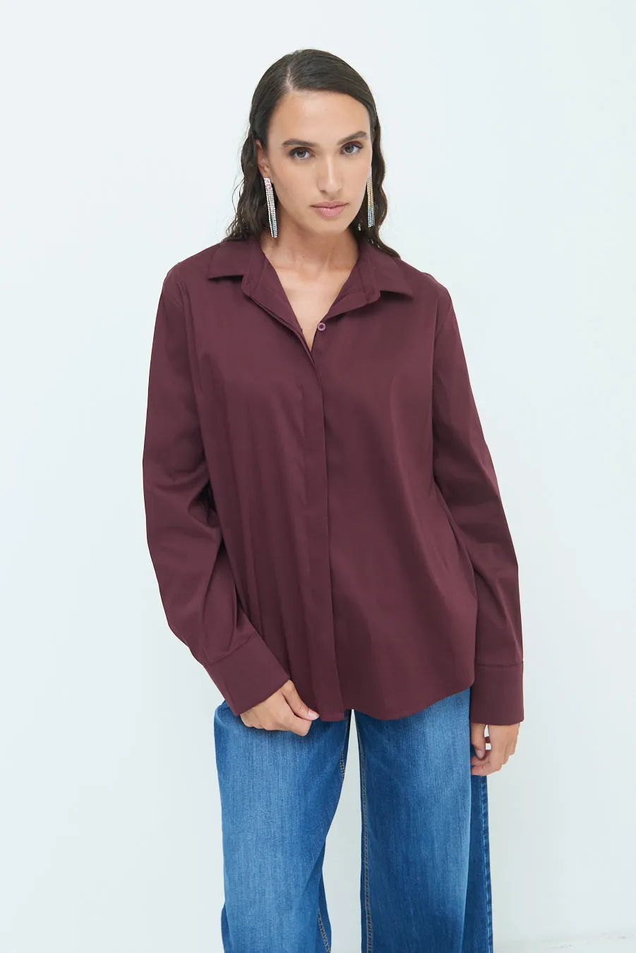 Relaxed fit long sleeve blouse with hidden button placket wholesale