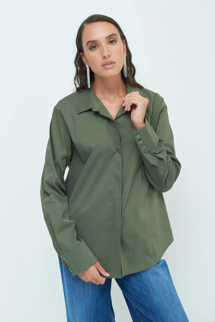 Relaxed fit long sleeve blouse with hidden button placket wholesale