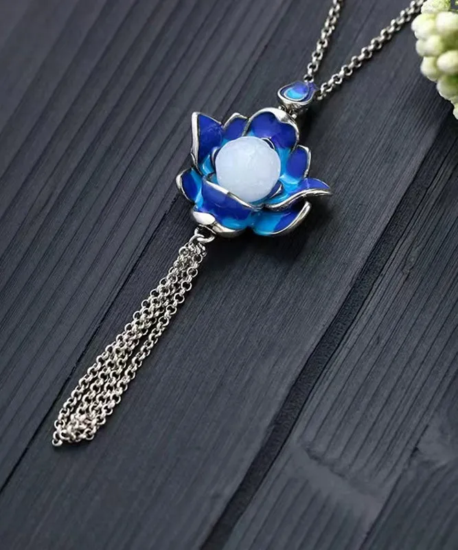 Retro Blue Ancient Gold Jade Lotus Flower Tassel Pendant Necklace KX1071