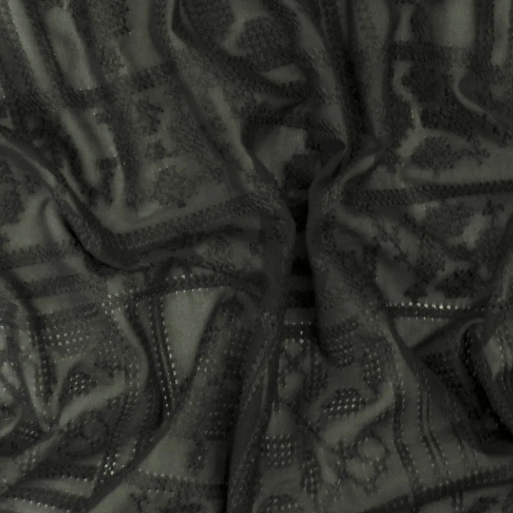 Simple Black Aztec Cross-Stitch Embroidered Chiffon Woven Fabric