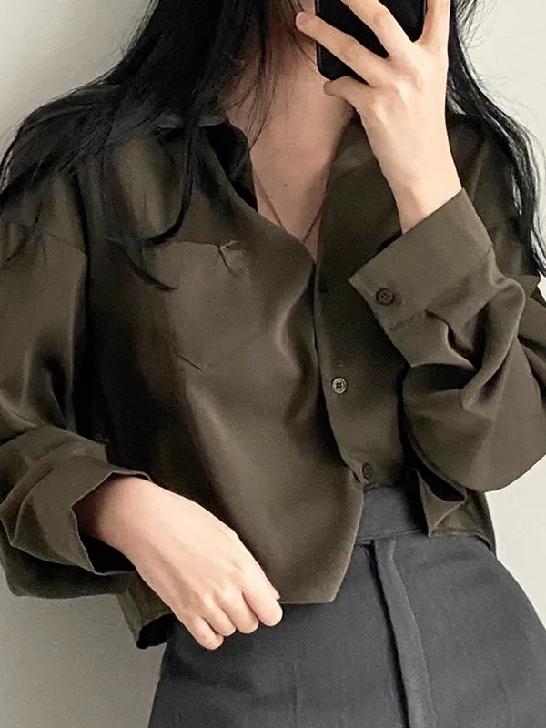 SImple Polo Collar Long Sleeve Short Shirt