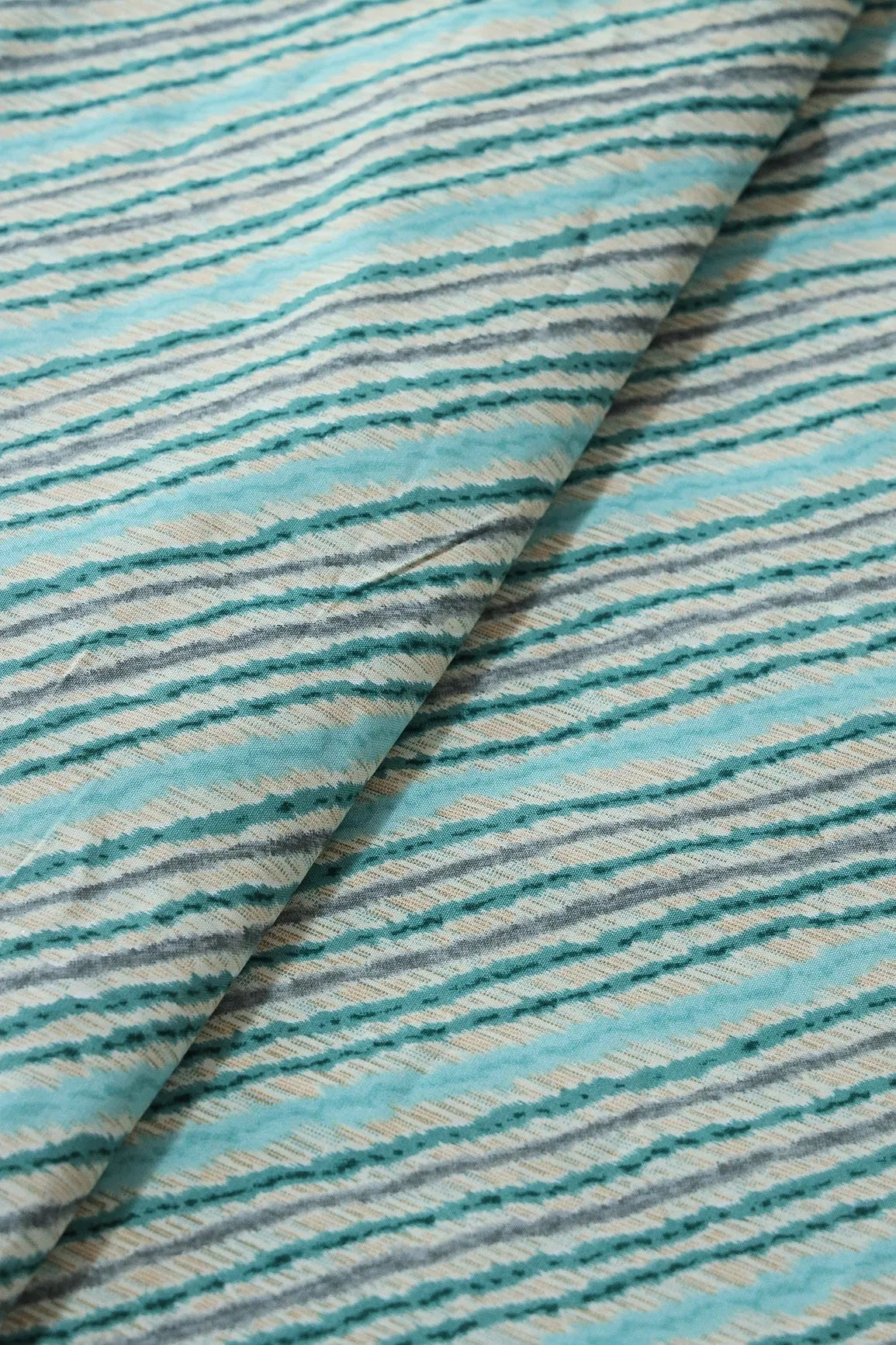 Sky Blue And Grey Stripes Pattern Print On Off White Pure Rayon Fabric
