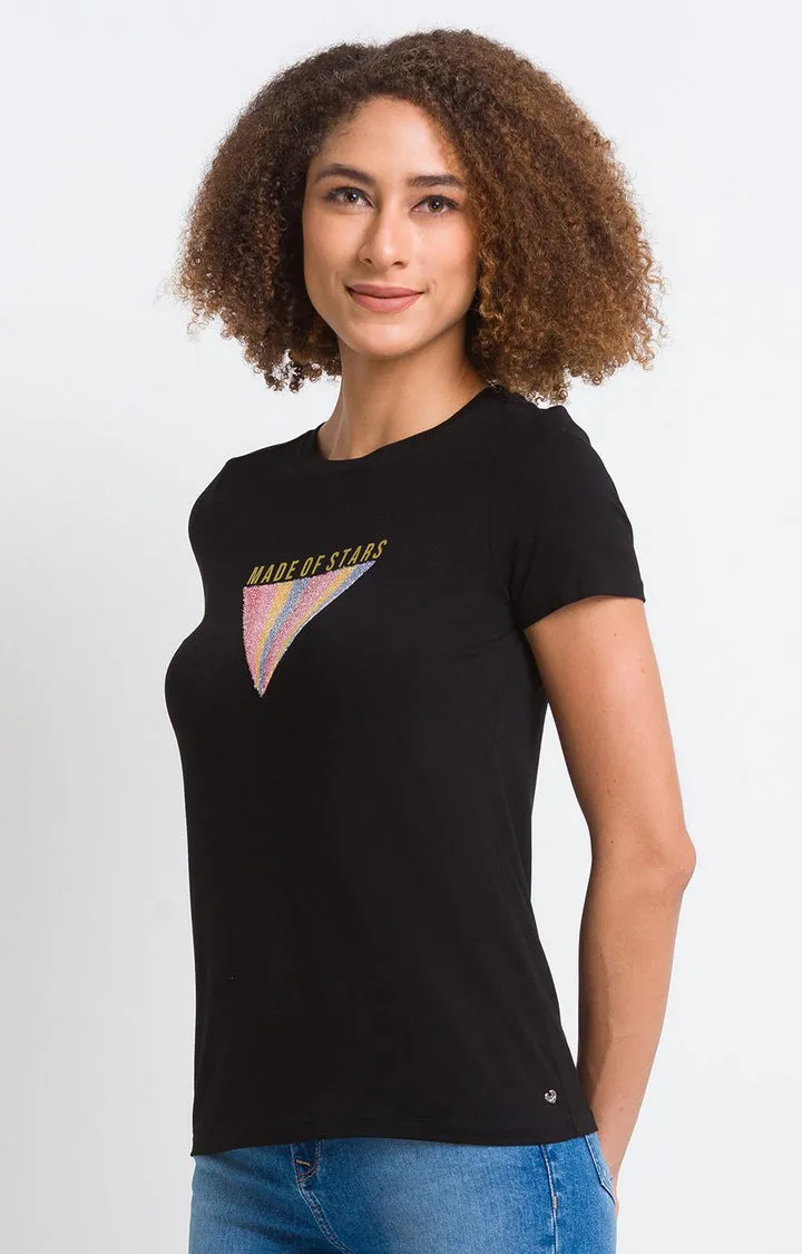 Spykar Black Cotton Blend Half Sleeve Printed Casual T-Shirts For Women