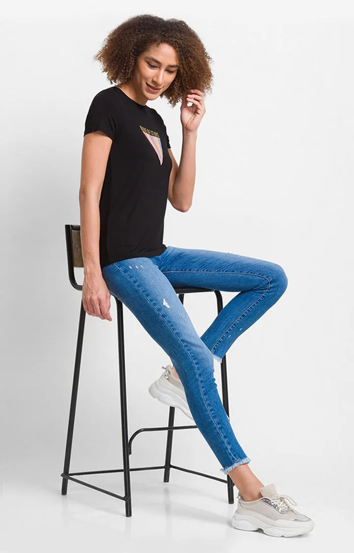 Spykar Black Cotton Blend Half Sleeve Printed Casual T-Shirts For Women
