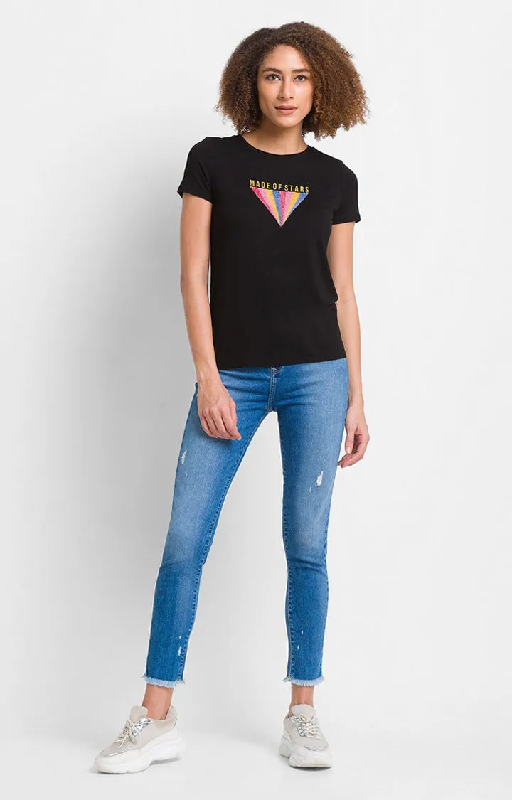 Spykar Black Cotton Blend Half Sleeve Printed Casual T-Shirts For Women