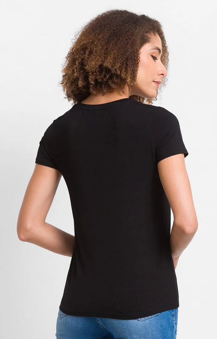 Spykar Black Cotton Blend Half Sleeve Printed Casual T-Shirts For Women