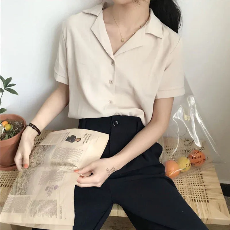Summer Short Sleeve V Neck Casual Office Lady Korean Style White Blouse