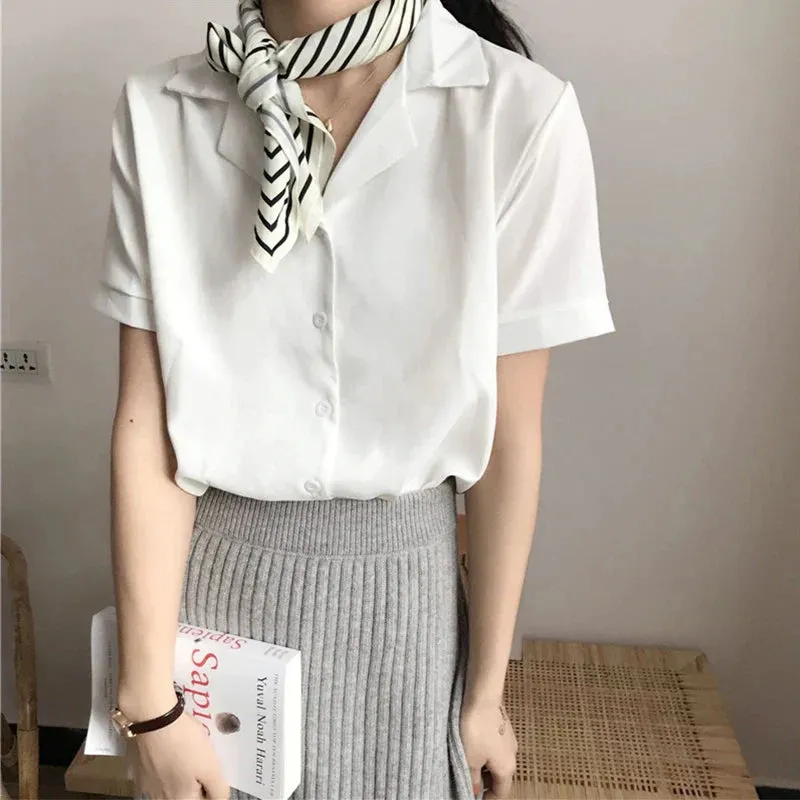 Summer Short Sleeve V Neck Casual Office Lady Korean Style White Blouse