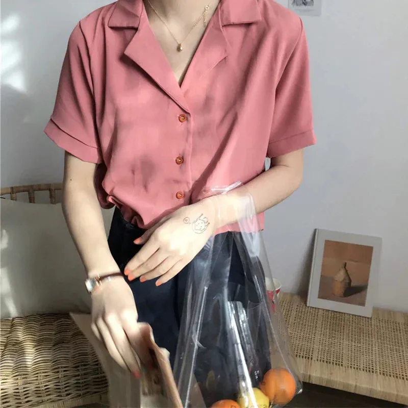 Summer Short Sleeve V Neck Casual Office Lady Korean Style White Blouse