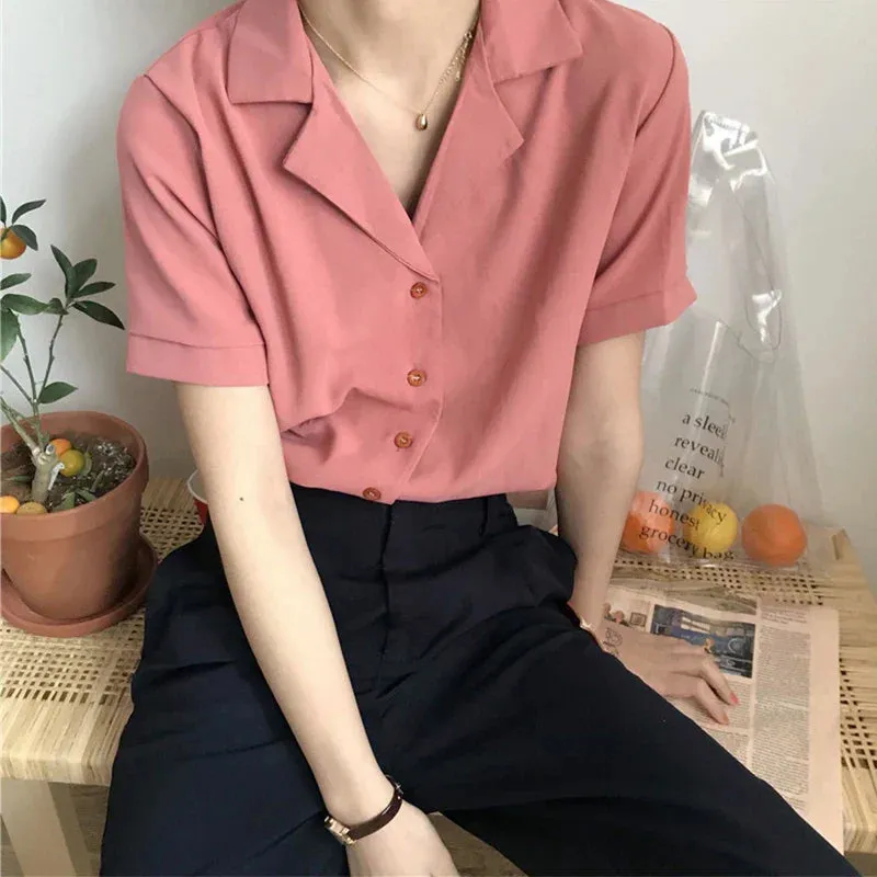 Summer Short Sleeve V Neck Casual Office Lady Korean Style White Blouse