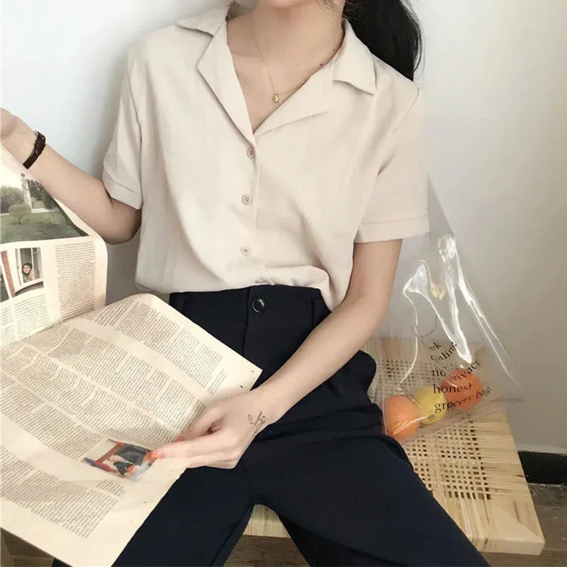 Summer Short Sleeve V Neck Casual Office Lady Korean Style White Blouse