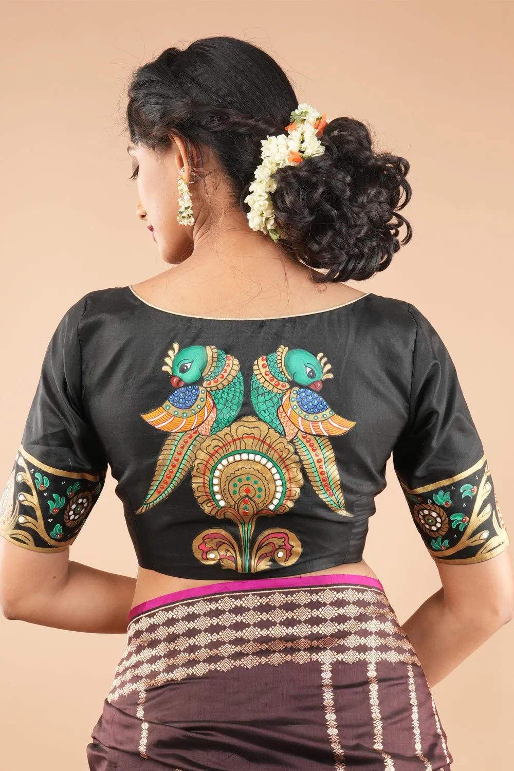Tanjore Parrots - pure Silk blouse with Tanjore Style Hand painting, Color Customizable.