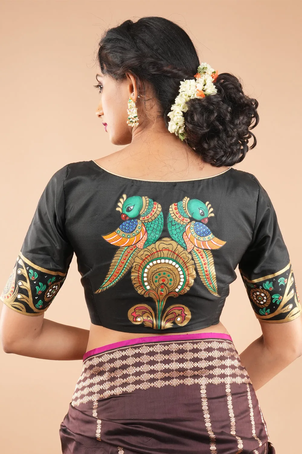 Tanjore Parrots - pure Silk blouse with Tanjore Style Hand painting, Color Customizable.