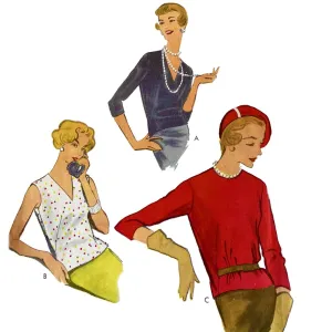 Vintage 1950s Pattern – Three Style Tops, Over-blouses - Bust 34” (86.4cm)
