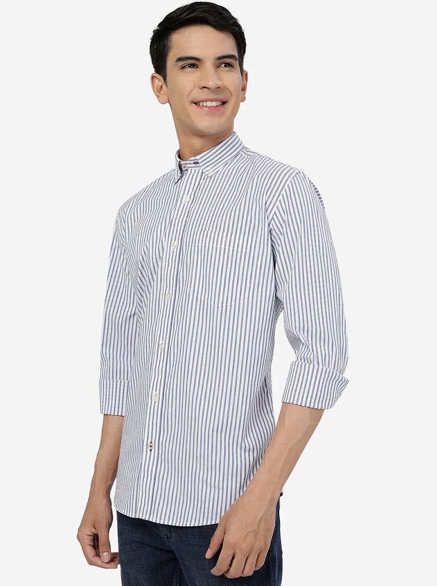 White & Blue Striped Slim Fit Semi Casual Shirt | JadeBlue
