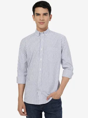 White & Blue Striped Slim Fit Semi Casual Shirt | JadeBlue