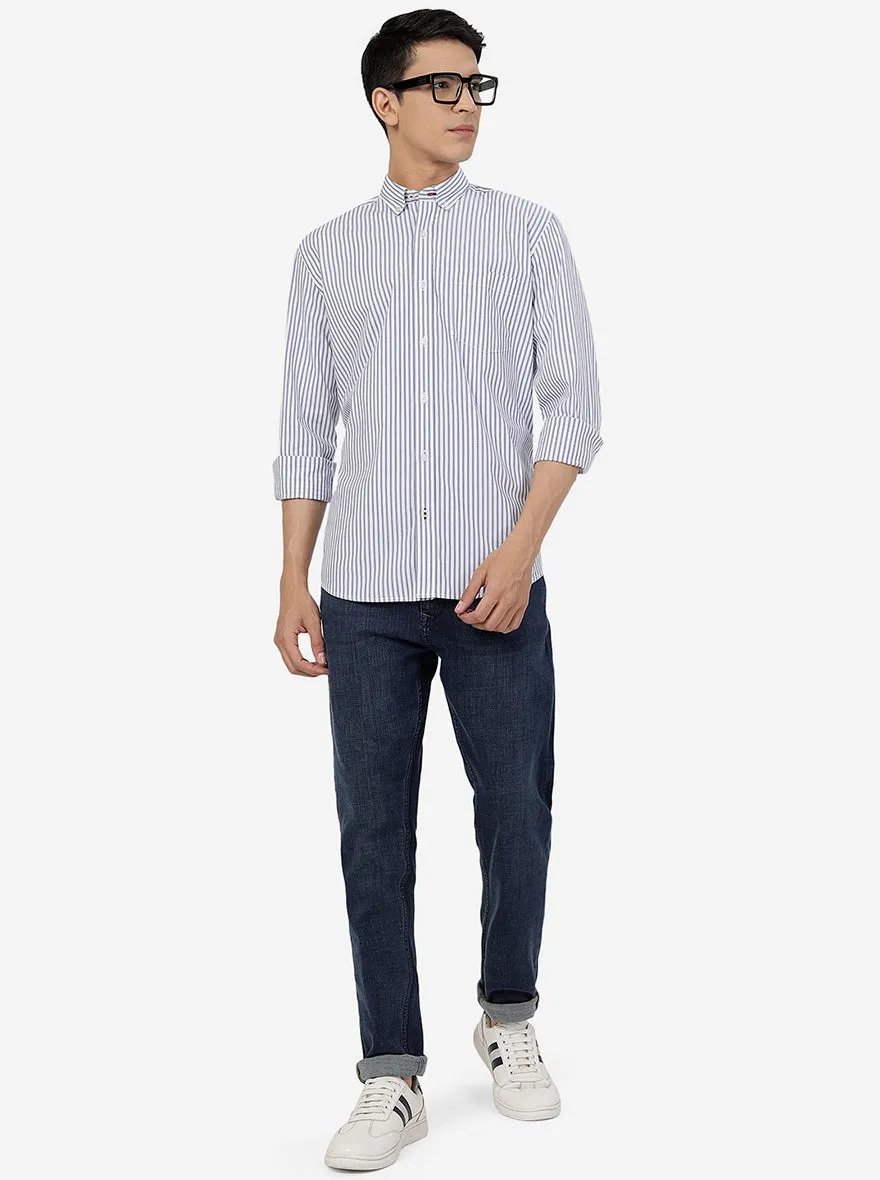 White & Blue Striped Slim Fit Semi Casual Shirt | JadeBlue
