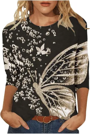 Womens 3/4 Length Sleeve Tops Vintage Elegant Crewneck Floral Printed Summer Tops Lightweight Cozy Loose Fit Blouse