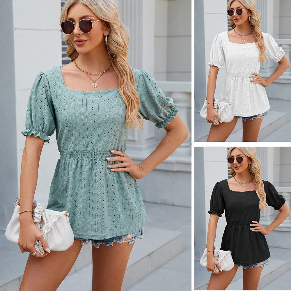 Women's Long T-shirt Square Collar Puff Sleeve Blouses